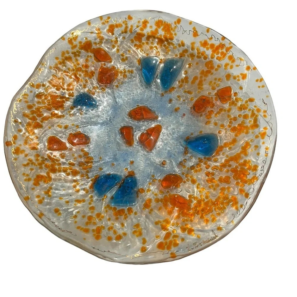 Fused Glass Confetti Shallow Bowl Handmade Signed